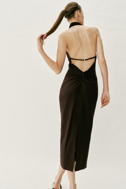 ROBE MI-LONGUE EN LIN À ENCOLURE AMÉRICAINE