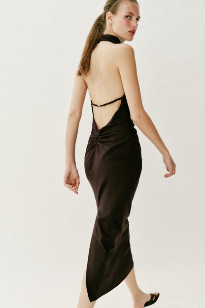 ROBE MI-LONGUE EN LIN À ENCOLURE AMÉRICAINE