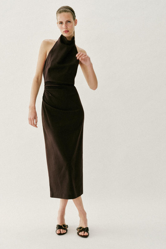 ROBE MI-LONGUE EN LIN À ENCOLURE AMÉRICAINE