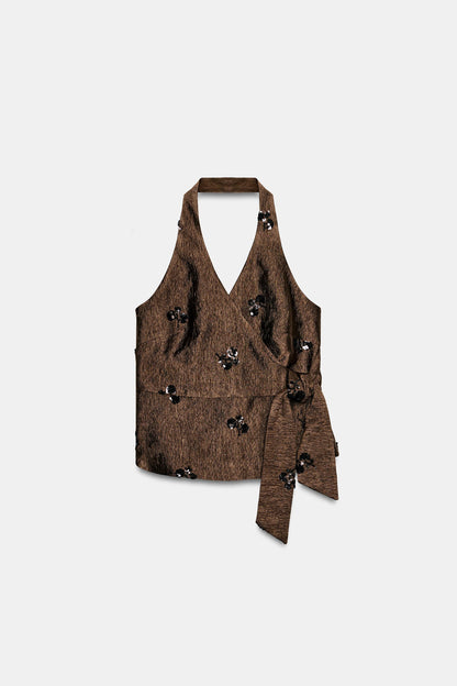 TOP À ENCOLURE AMÉRICAINE PAILLETTES